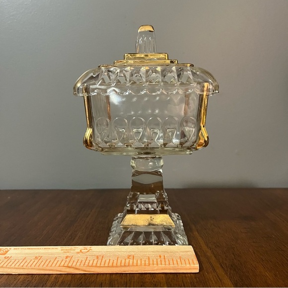 Mid-Century Modern gold-trimmed glass candy dish with a lid. - Picture 10 of 14